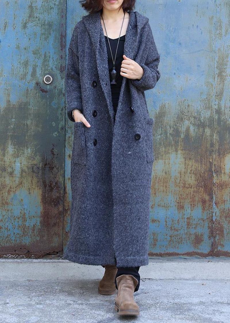 Vintage Gris Foncé Vêtements D'extérieur En Laine Tendance Grande Taille Double Poitrine Maxi Manteau À Capuche En - Manteaux en laine femmes