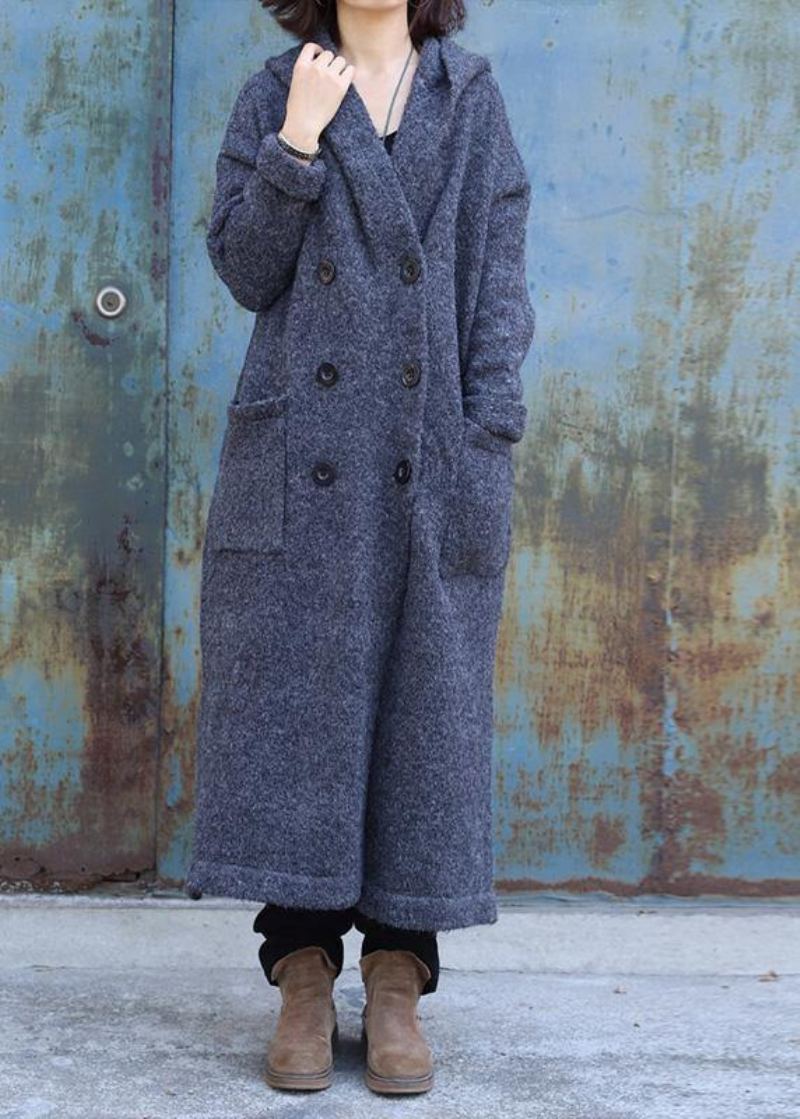 Vintage Gris Foncé Vêtements D'extérieur En Laine Tendance Grande Taille Double Poitrine Maxi Manteau À Capuche En - Manteaux en laine femmes