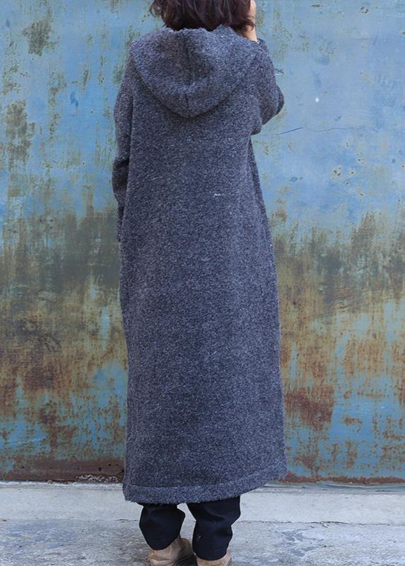 Vintage Gris Foncé Vêtements D'extérieur En Laine Tendance Grande Taille Double Poitrine Maxi Manteau À Capuche En - Manteaux en laine femmes