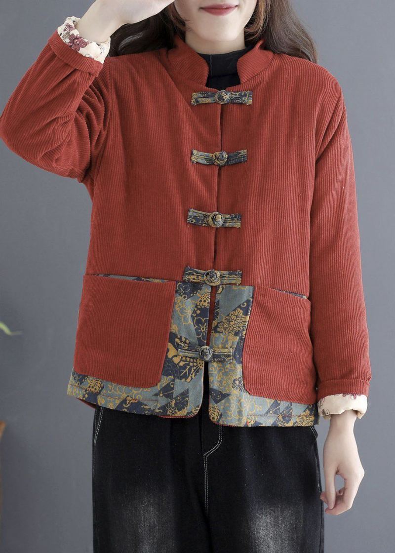 Vintage Rouge Brique Épais Polaire Doublé De Laine Vestes En Velours Côtelé Hiver - Manteaux en laine femmes