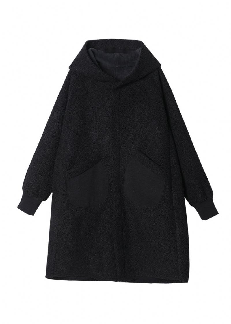 Vogue Noir Bouton Poches À Capuche Manteaux De Laine Hiver - Manteaux en laine femmes