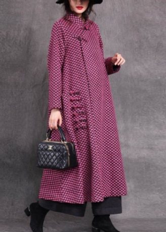 Vogue Rose Col Montant Asymétrique Plaid Bouton Laine Maxi Manteaux Printemps