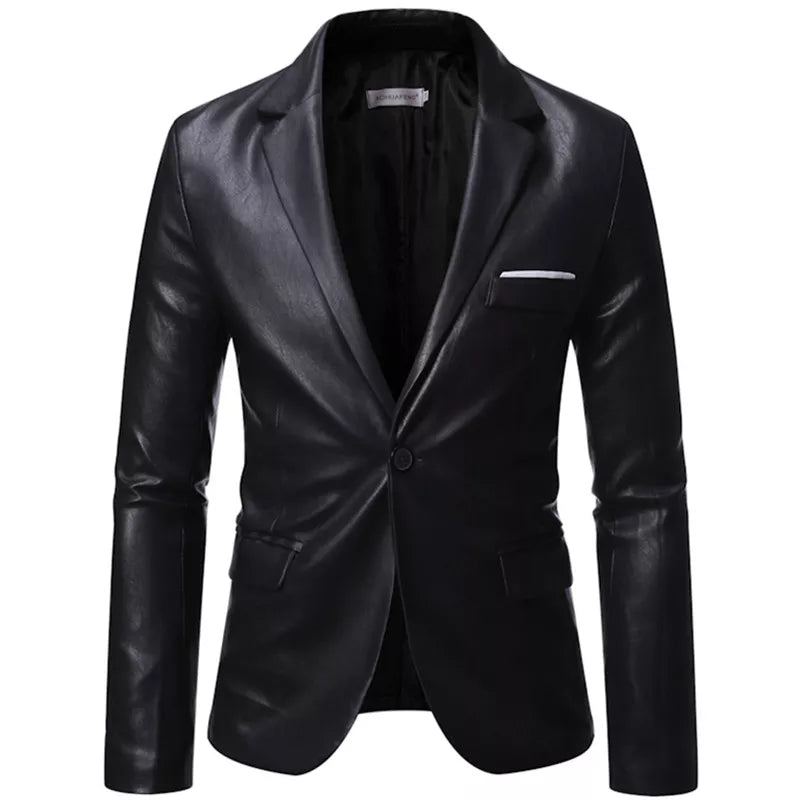 Automne Hiver Hommes D'affaires De Luxe Blazer Banquet En Cuir Robe Costume Veste Mince Texture - Noir