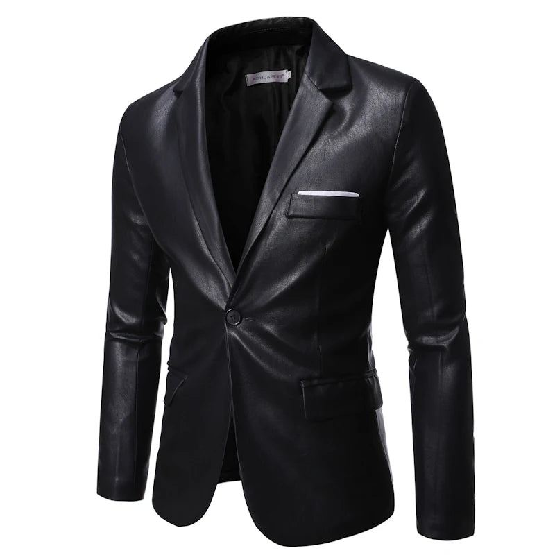 Automne Hiver Hommes D'affaires De Luxe Blazer Banquet En Cuir Robe Costume Veste Mince Texture - Noir