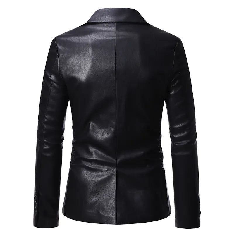 Automne Hiver Hommes D'affaires De Luxe Blazer Banquet En Cuir Robe Costume Veste Mince Texture - Noir