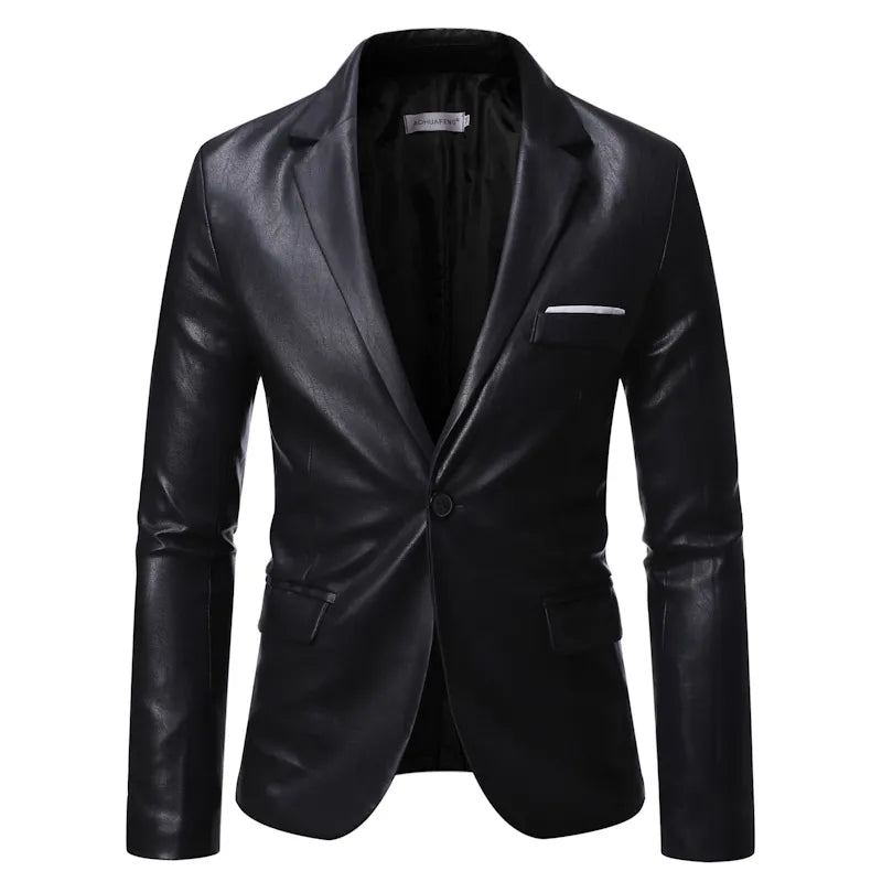 Automne Hiver Hommes D'affaires De Luxe Blazer Banquet En Cuir Robe Costume Veste Mince Texture - Noir