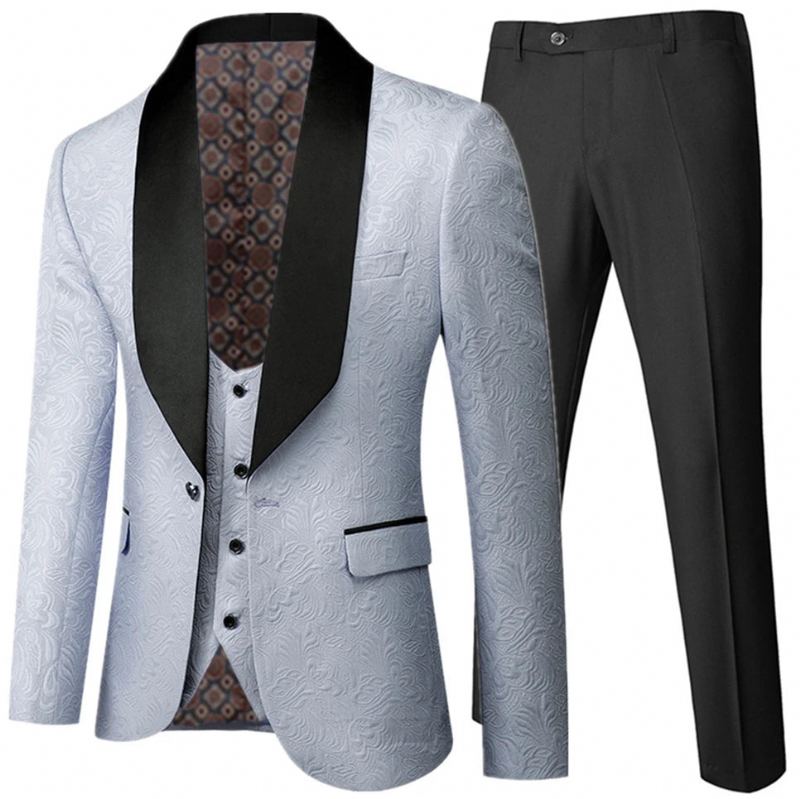 Banquet Plume Gaufrage Designer Blazer Veste Pantalon Gilet Costume Homme Manteau - Crème