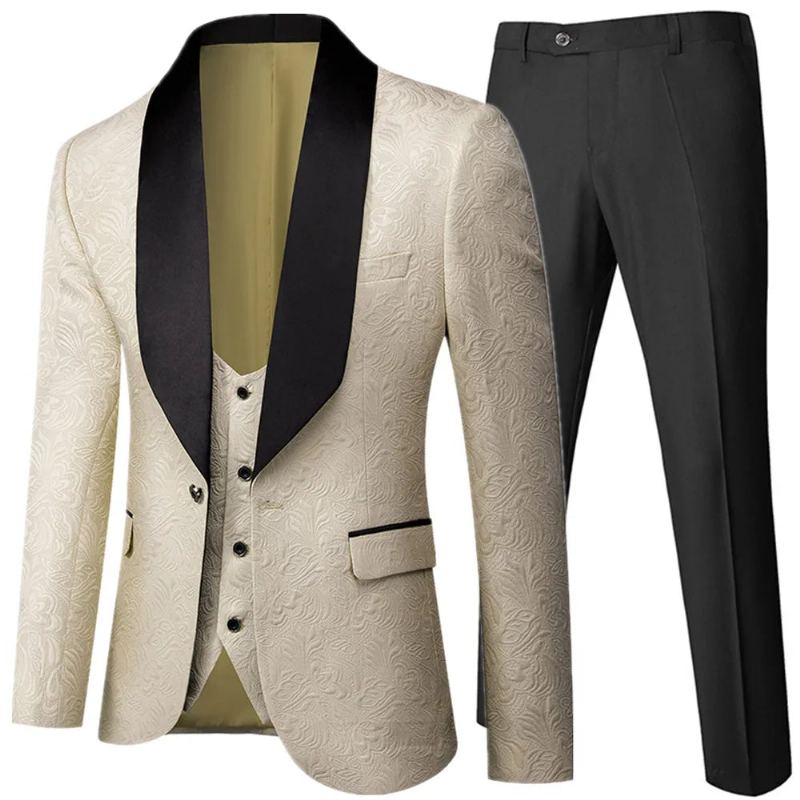 Banquet Plume Gaufrage Designer Blazer Veste Pantalon Gilet Costume Homme Manteau - Crème