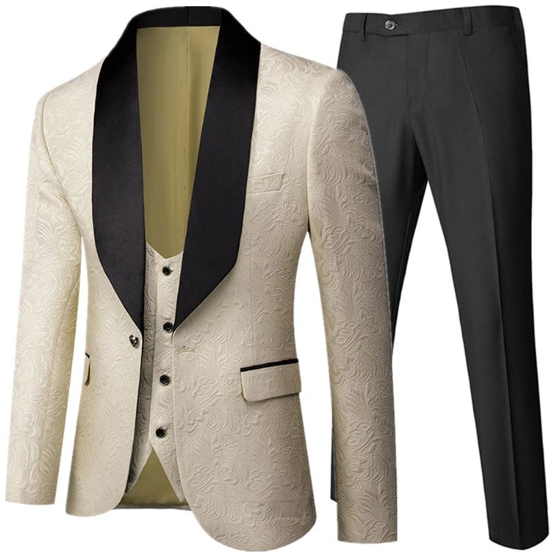 Banquet Plume Gaufrage Designer Blazer Veste Pantalon Gilet Costume Homme Manteau - Crème