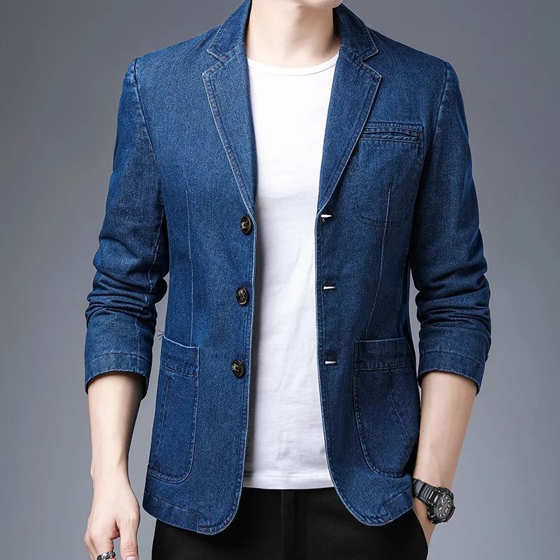 Blazer Confortable En Denim Solide Pour Hommes Version Slim De Loisirs De Style Britannique Tendance - Noir