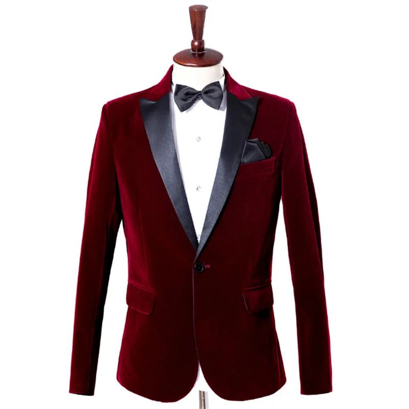 Blazer En Velours Pour Hommes Veste À Simple Boutonnage Smoking Formel Marié Robe De Soirée De Mariage Costume D'affaires Décontracté - Noir