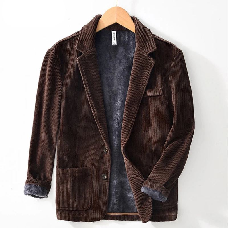 Blazers En Velours Côtelé Pour Hommes Vêtements D'extérieur Manteaux En Peluche D'hiver Veste Avec Poche Sur Pied - Marron