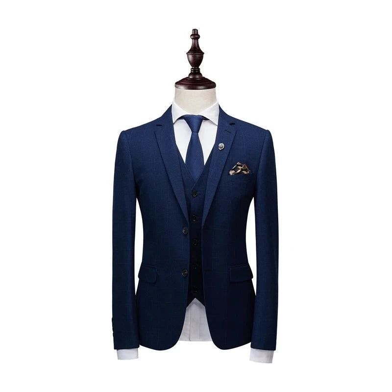 Costume Veste Pantalon Gilet Hommes D'affaires Costumes Minces Ensembles Robe De Mariée À Carreaux Vêtements De Cérémonie - Bleu