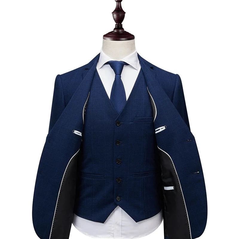 Costume Veste Pantalon Gilet Hommes D'affaires Costumes Minces Ensembles Robe De Mariée À Carreaux Vêtements De Cérémonie - Bleu