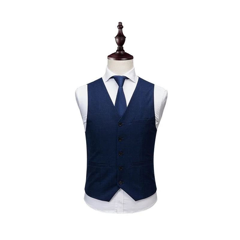 Costume Veste Pantalon Gilet Hommes D'affaires Costumes Minces Ensembles Robe De Mariée À Carreaux Vêtements De Cérémonie - Bleu