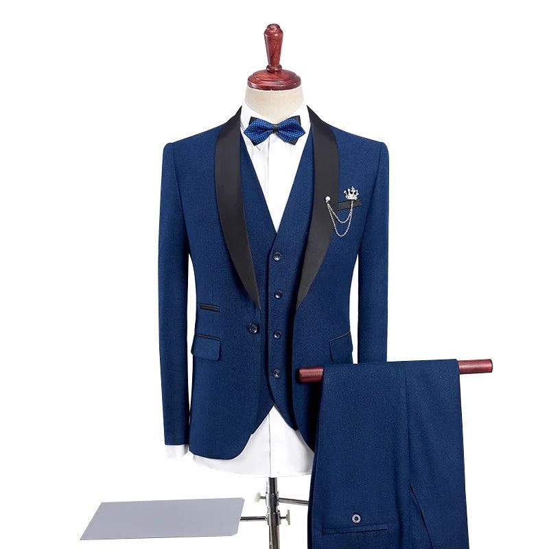 Costumes De Smoking De Mariage Pour Hommes Avec Pantalon Design Noir Châle Revers Coupe Ajustée Costume Bleu Bordeaux - Bleu