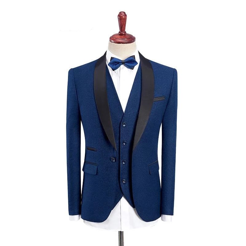 Costumes De Smoking De Mariage Pour Hommes Avec Pantalon Design Noir Châle Revers Coupe Ajustée Costume Bleu Bordeaux - Bleu