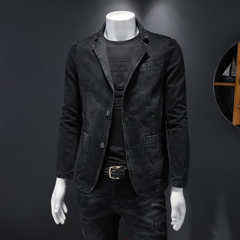 Denim Blazer Hommes Jean Coupe Ajustée Cowboy Manteaux Loisirs Costume Veste Décontracté Manteau Simple Bouton Nouveau - Gris