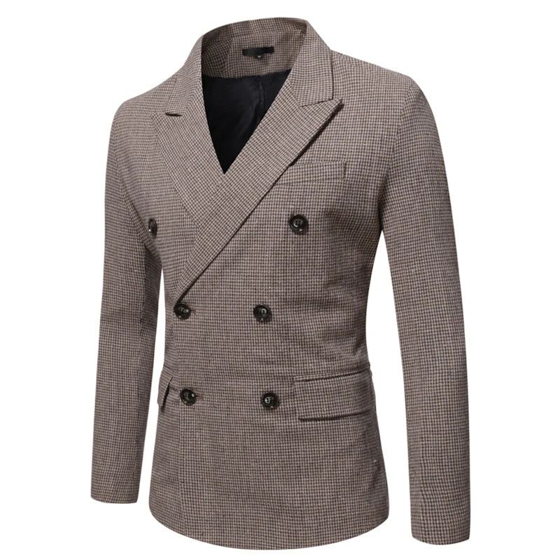 Hommes Élégants Costumes Vestes Vintage Double Boutonnage Plaid Robe Manteau Pour Formel Blazers - Gris