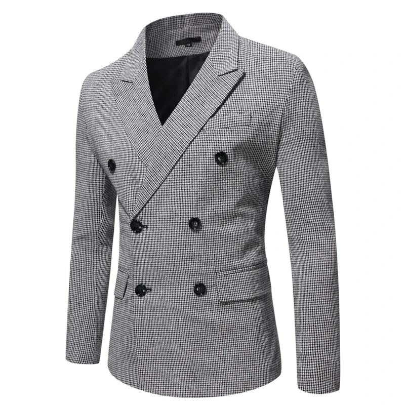 Hommes Élégants Costumes Vestes Vintage Double Boutonnage Plaid Robe Manteau Pour Formel Blazers - Gris