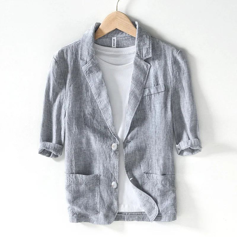 Lin Demi Manches Costume Veste Hommes Été Confortable Affaires Vêtements De Cérémonie Mince Mi Blazer Solide - Gris Clair