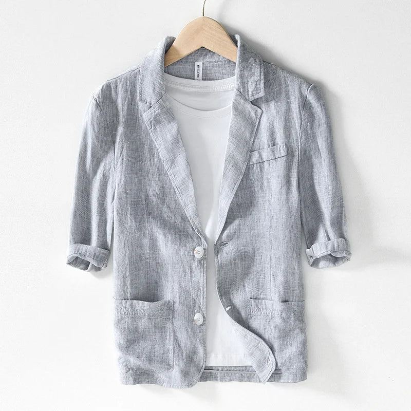 Lin Demi Manches Costume Veste Hommes Été Confortable Affaires Vêtements De Cérémonie Mince Mi Blazer Solide - Gris Clair