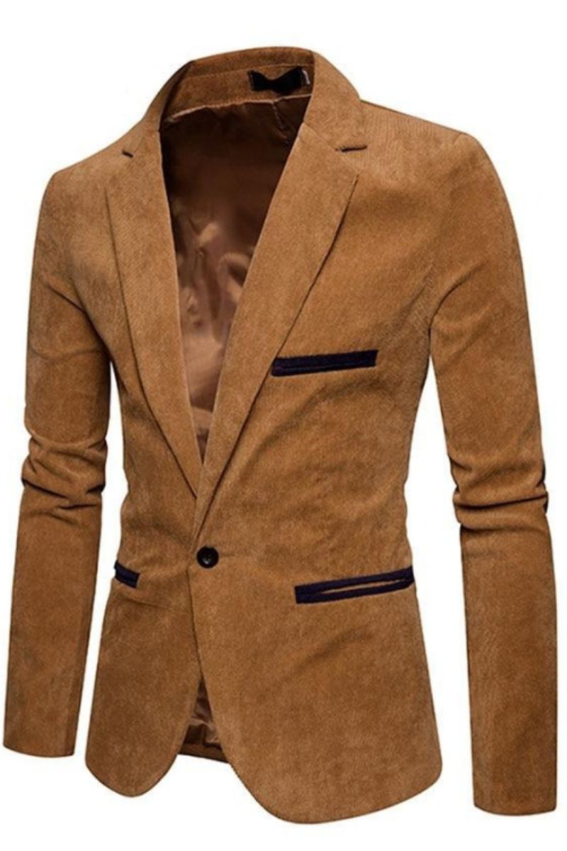 Nouveau Décontracté Hommes Blazer Velours Côtelé Patchwork Affaires Un Bouton Coupe Ajustée Costumes Veste Blazers