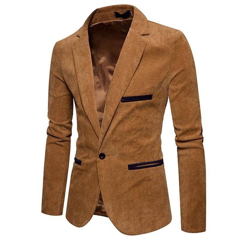 Nouveau Décontracté Hommes Blazer Velours Côtelé Patchwork Affaires Un Bouton Coupe Ajustée Costumes Veste Blazers - Kaki