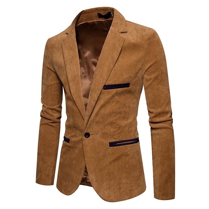 Nouveau Décontracté Hommes Blazer Velours Côtelé Patchwork Affaires Un Bouton Coupe Ajustée Costumes Veste Blazers - Kaki