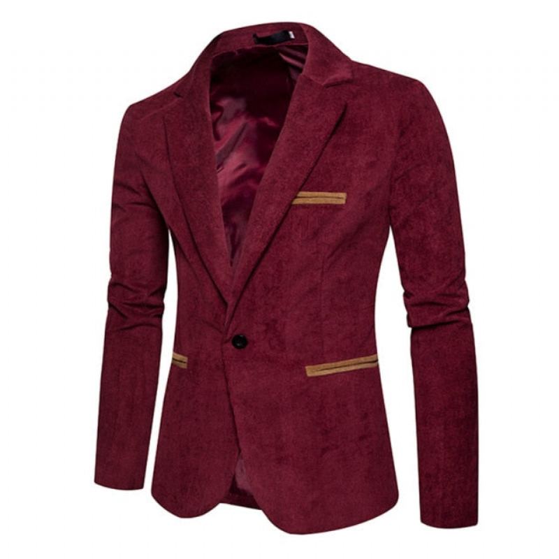 Nouveau Décontracté Hommes Blazer Velours Côtelé Patchwork Affaires Un Bouton Coupe Ajustée Costumes Veste Blazers - Kaki