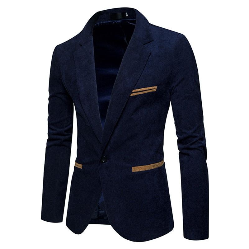 Nouveau Décontracté Hommes Blazer Velours Côtelé Patchwork Affaires Un Bouton Coupe Ajustée Costumes Veste Blazers - Kaki