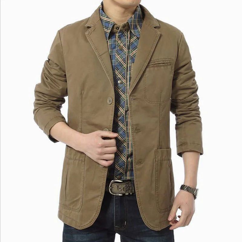 Printemps Automne Blazer Hommes Décontracté Coton Denim Vestes Coupe Ajustée Luxe Costume Manteau Armée Militaire Vêtements D'extérieur - Noir