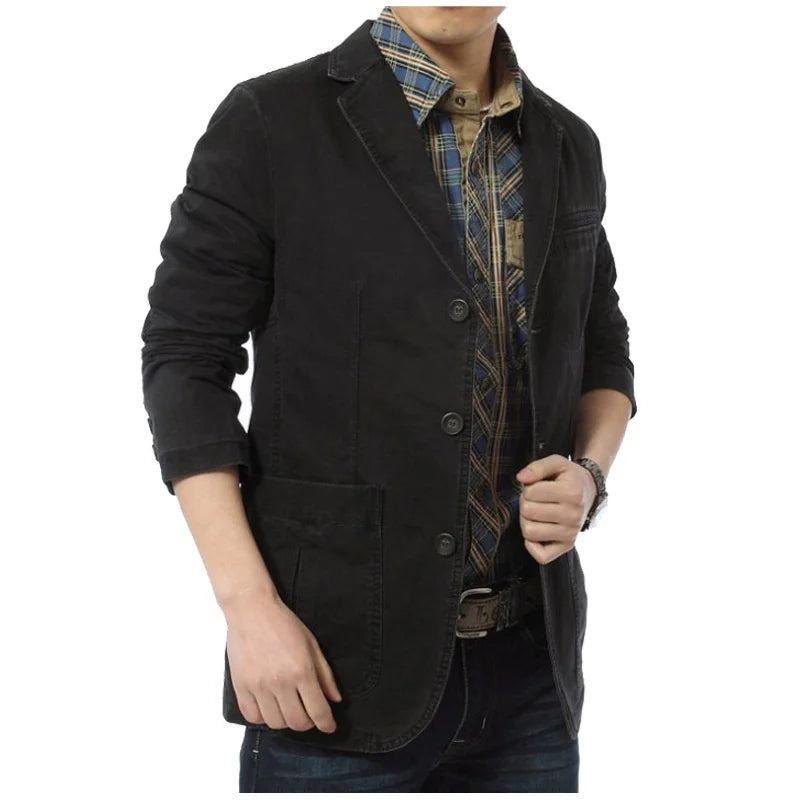 Printemps Automne Blazer Hommes Décontracté Coton Denim Vestes Coupe Ajustée Luxe Costume Manteau Armée Militaire Vêtements D'extérieur - Noir