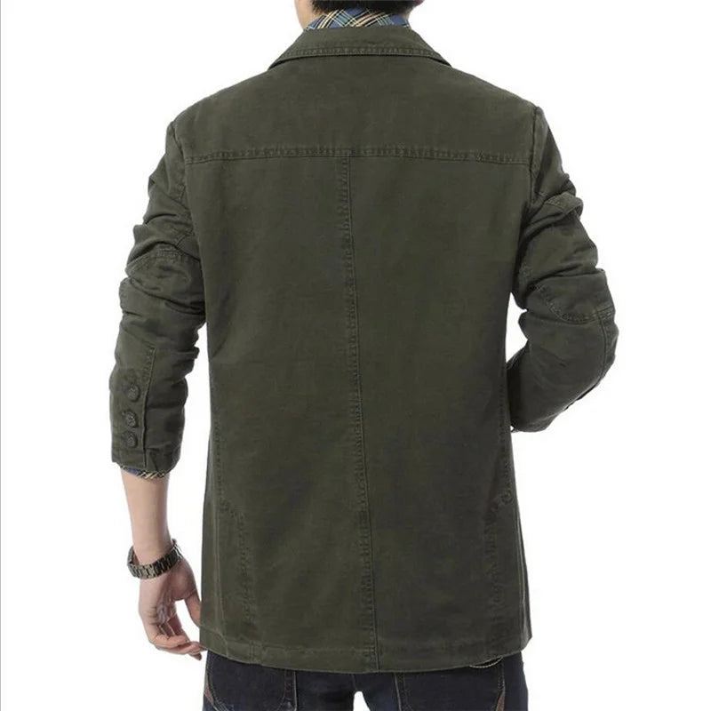 Printemps Automne Blazer Hommes Décontracté Coton Denim Vestes Coupe Ajustée Luxe Costume Manteau Armée Militaire Vêtements D'extérieur - Noir