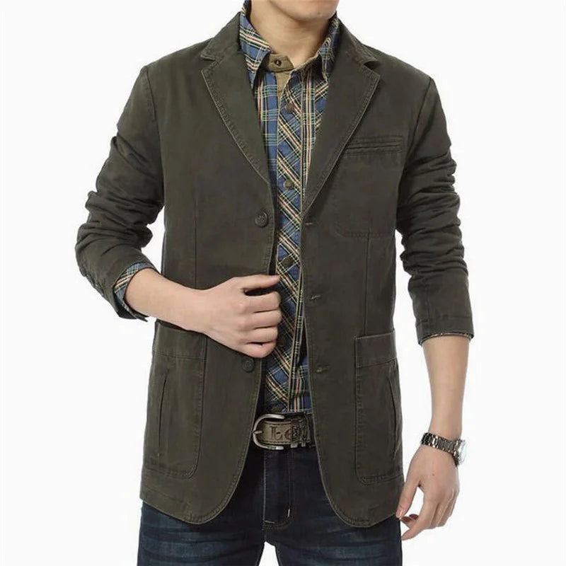 Printemps Automne Blazer Hommes Décontracté Coton Denim Vestes Coupe Ajustée Luxe Costume Manteau Armée Militaire Vêtements D'extérieur - Noir