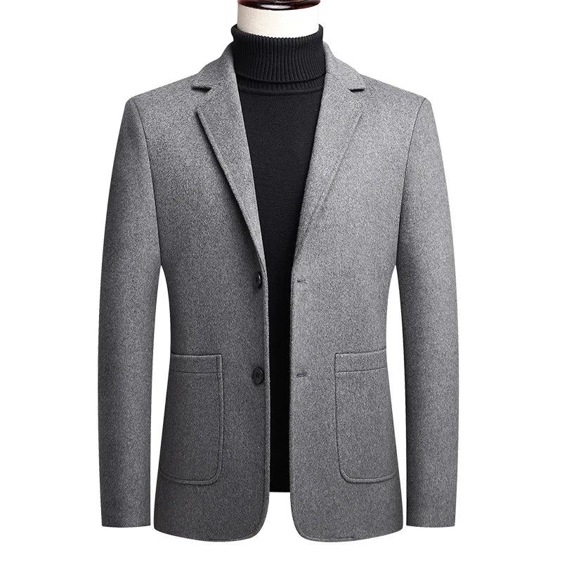 Printemps Et Automne Hommes Blazer Veste Moyen Âge Affaires Décontracté Double Boutonnage Solide Laine Costumes Manteaux - Noir