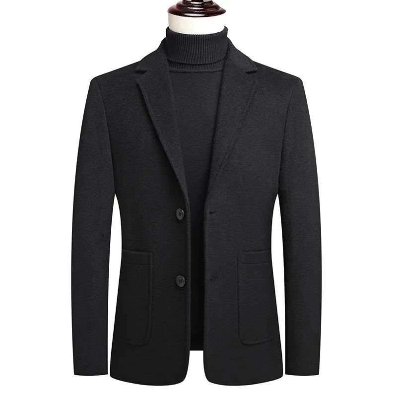 Printemps Et Automne Hommes Blazer Veste Moyen Âge Affaires Décontracté Double Boutonnage Solide Laine Costumes Manteaux - Noir