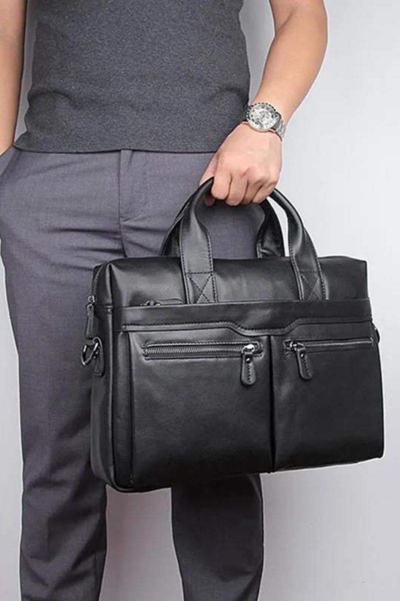 Mallette D'affaires En Cuir Véritable Souple Pour Homme Sac À Main Ordinateur Portable De 14 Pouces Noir