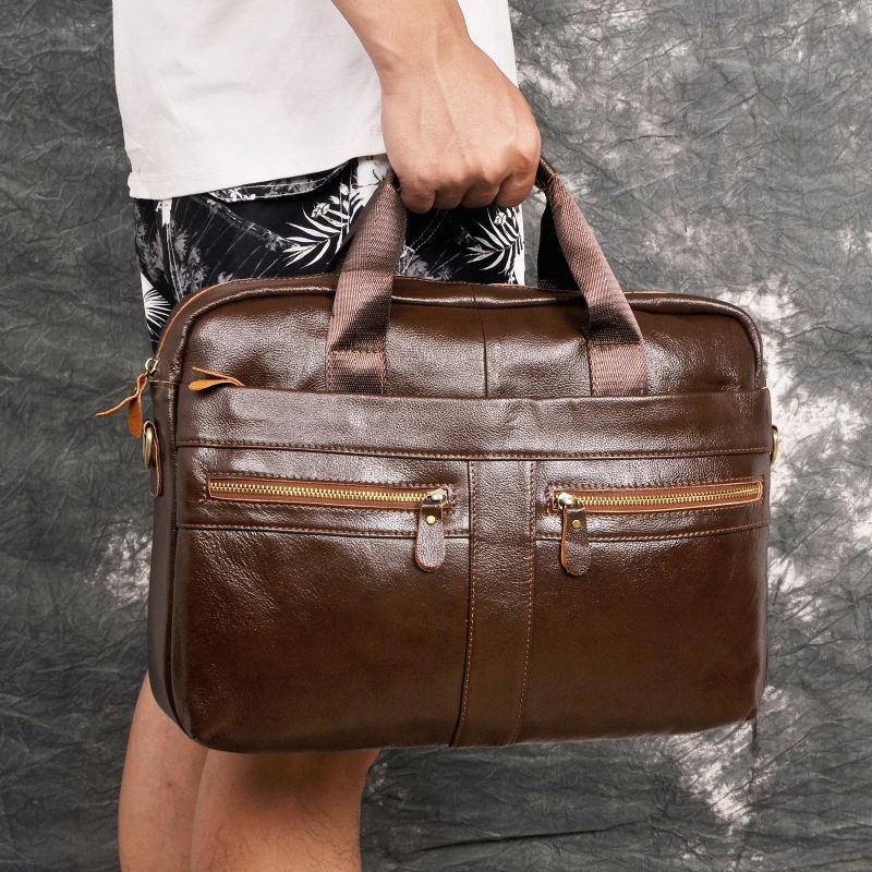 Mallette De Voyage Rétro En Cuir Pour Hommes D'affaires Ordinateur Portable 15.6 Pouces Sac Messager Design - Brun