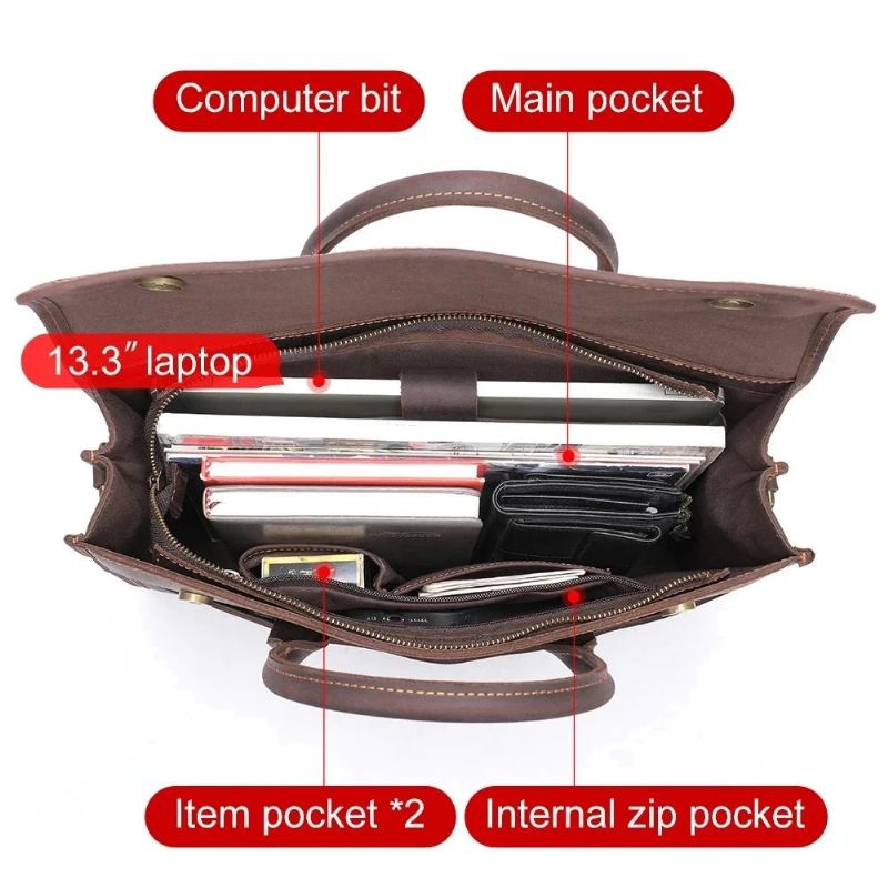 Porte-documents En Cuir Véritable Pour Hommes Sac À Main D'affaires Ordinateur Portable 13.3 Pouces Bandoulière Rétro En - Marron