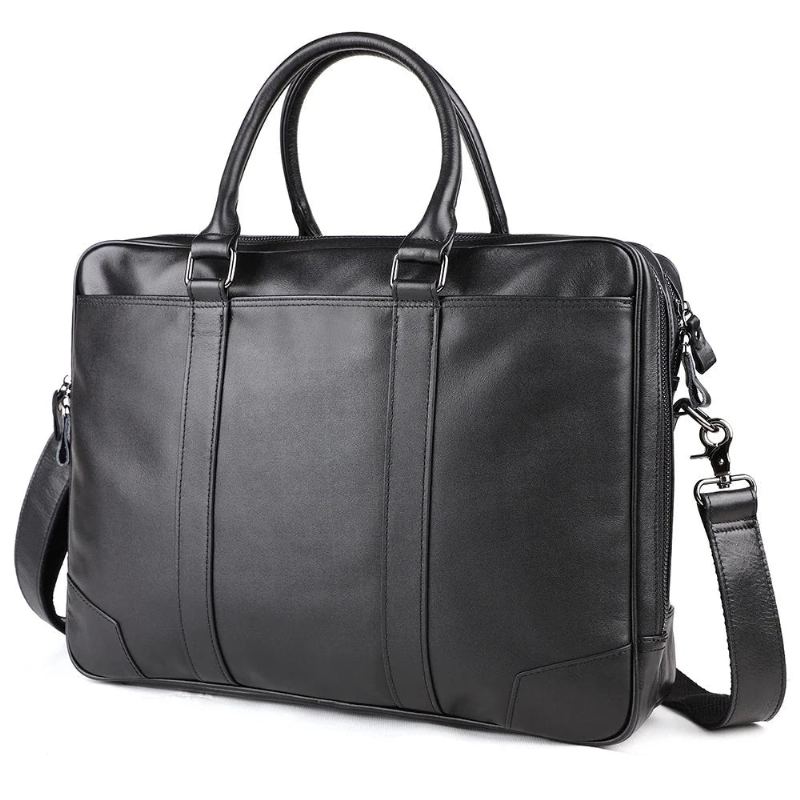 Porte-documents En Cuir Véritable Pour Hommes Sac À Main Ordinateur Portable 15.6 Pouces Sac À Bandoulière D'affaires Fourre-tout Sacoche À Sac De Voyage - Noir