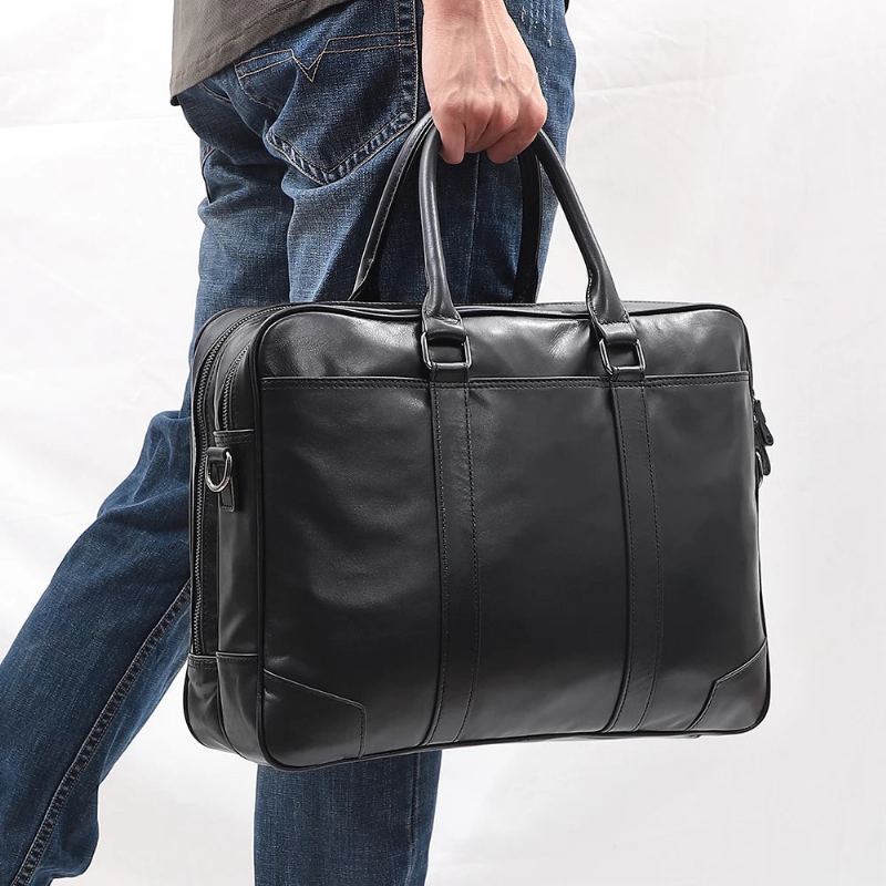 Porte-documents En Cuir Véritable Pour Hommes Sac À Main Ordinateur Portable 15.6 Pouces Sac À Bandoulière D'affaires Fourre-tout Sacoche À Sac De Voyage - Noir