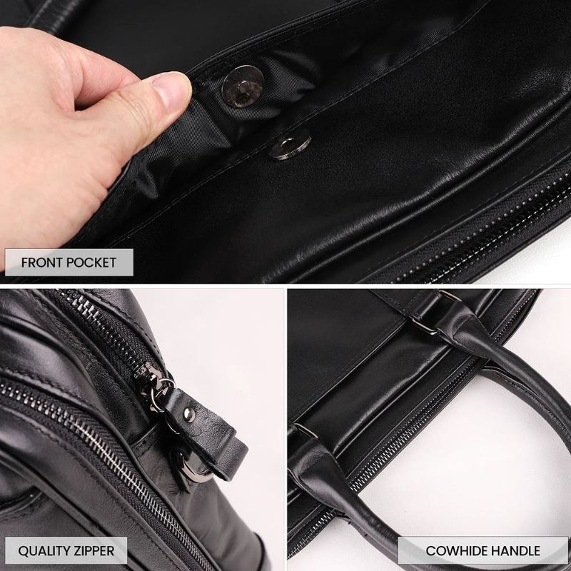 Porte-documents En Cuir Véritable Pour Hommes Sac À Main Ordinateur Portable 15.6 Pouces Sac À Bandoulière D'affaires Fourre-tout Sacoche À Sac De Voyage - Noir