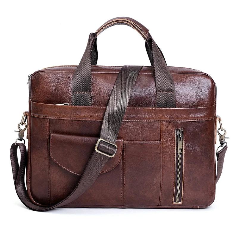 Porte-documents En Cuir Véritable Pour Ordinateur Portable Hommes Sacoches De Voyage Rétro Sac À Bandoulière De Grande Capacité De 15.6 Pouces - Marron