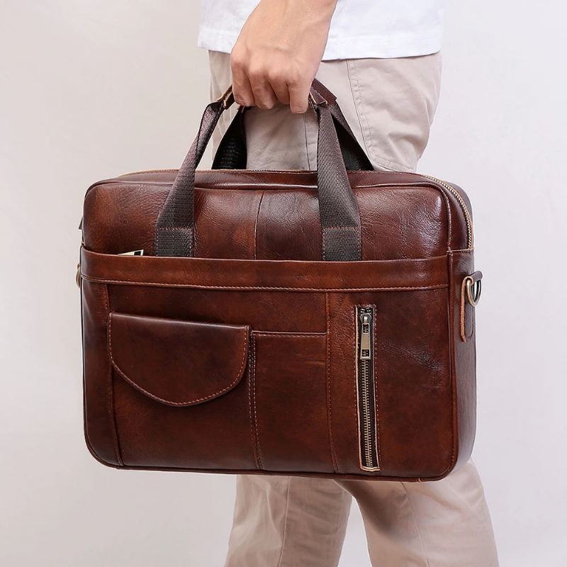 Porte-documents En Cuir Véritable Pour Ordinateur Portable Hommes Sacoches De Voyage Rétro Sac À Bandoulière De Grande Capacité De 15.6 Pouces - Marron