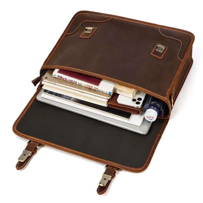 Porte-documents Vintage En Cuir Véritable Pour Hommes Sacoche Ordinateur Portable De 15.6 Pouces D'affaires - Brun