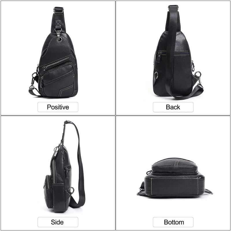 Sac À Bandoulière En Cuir Véritable Pour Hommes Sac De Poitrine Vintage Décontracté Sacs À Pack De Avec Trou Écouteurs - Noir