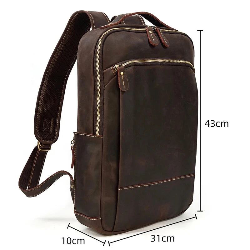 Sac À Dos En Cuir Pour Hommes Adapté À Un Ordinateur Portable De 15.6 Pouces Grand Sac À Dos De Voyage - Fermeture Éclair Simple-Noir