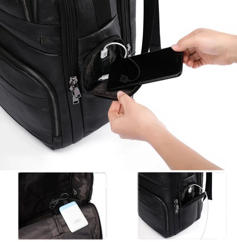 Sac À Dos En Cuir Véritable Souple Pour Ordinateur Portable Sac À Dos De Voyage Homme - Noir