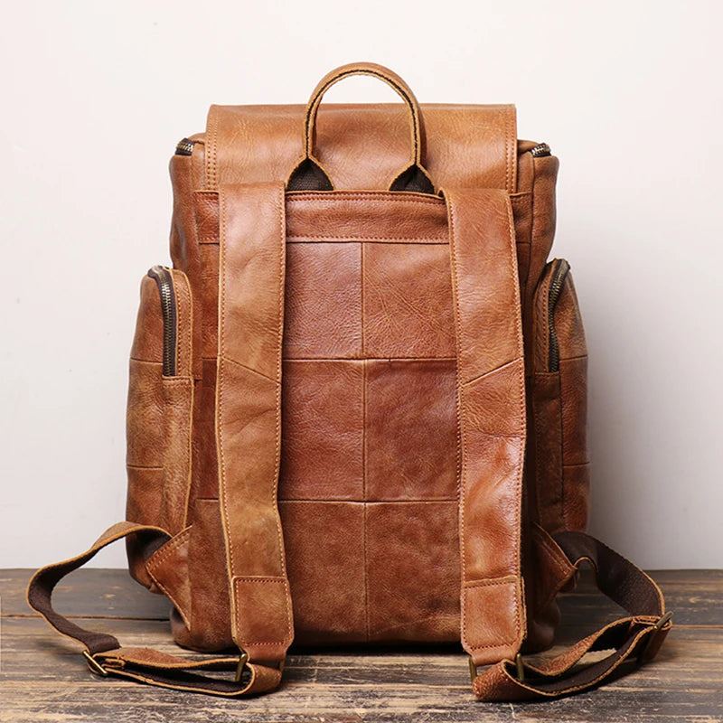 Sac À Dos Vintage En Cuir Marron Pour Hommes Sac À Dos Décontracté Ordinateur Portable 15.6 Pouces Grande Capacité Sac À Dos De Voyage En Plein Air - Brun